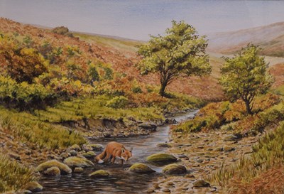 Lot 507 - Ian Hudson (20th century) - Watercolour - Riverside scene with fox