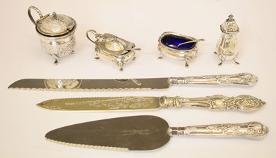 Lot 193 - George VI silver three-piece condiment set, together with an Indian white-metal mustard pot