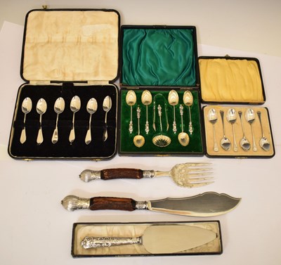 Lot 213 - Three cased sets of silver cutlery and servers