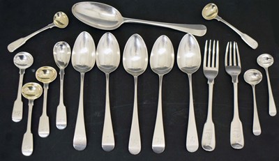Lot 211 - Collection of Georgian silver cutlery, to include a set of five George III dessert spoons, etc