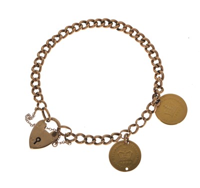 Lot 231 - 9ct gold curb link bracelet, having two George III Third-Guinea gold coins