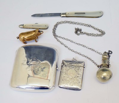 Lot 196 - Silver cigarette case, silver vesta case, brass pig vesta, and scent bottle etc