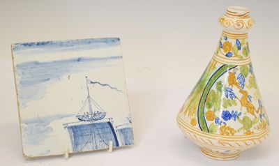 Lot 430 - Attr. Cantagalli Italian maiolica conical guglet vase - dogs and birds, plus delft tile (2)