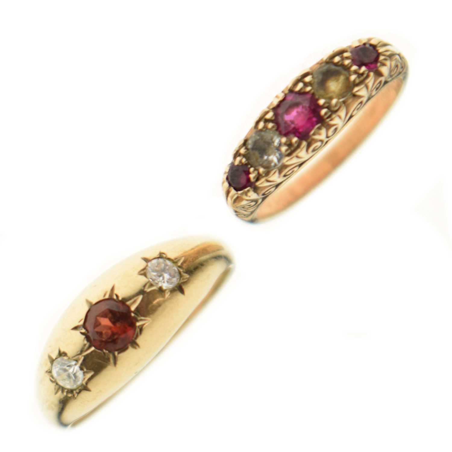 Lot 22 - 9ct gold three-stone gypsy ring and a gypsy set ring (2)