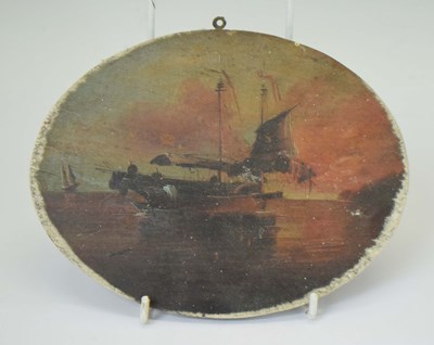Lot 455 - 19th century oil on board - Chinese junk at sunset