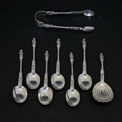 Lot 208 - Set of six Victorian silver teaspoons, a caddy spoon, and a pair of sugar tongs