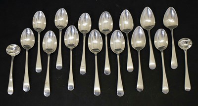 Lot 210 - Set of four George III silver Old English pattern teaspoons, etc