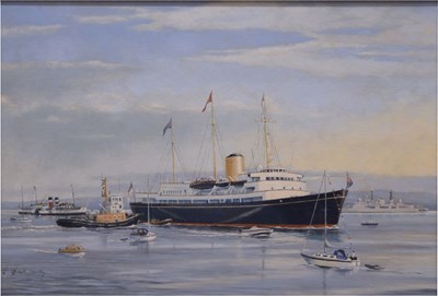 Lot 484 - Stuart Booth (Modern) - Oil on board - Paddle steamer 'Royal Yacht in the Bristol Channel'