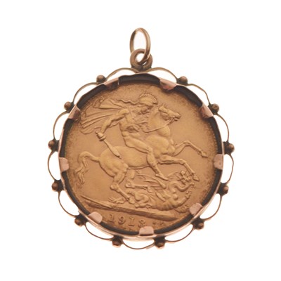 Lot 225 - George V gold sovereign, 1913, in a yellow metal pendant mount