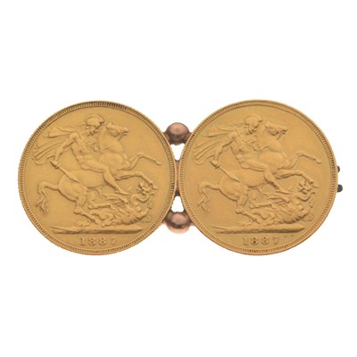 Lot 219 - Pair of Queen Victoria Golden Jubilee gold sovereigns, 1887, soldered as a brooch