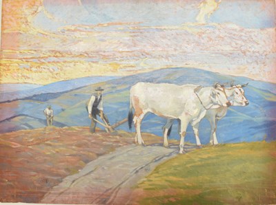 Lot 491 - Desiderio Tanfani (Italian, 1897 - 1977) - Oil on board - Tuscan harvest scene with cattle and plough