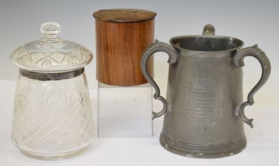 Lot 270 - Pewter presentation tyg, silver mounted cut glass biscuit barrel, and a tea caddy