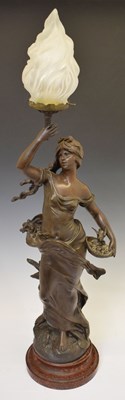 Lot 278 - Large Art Nouveau bronzed spelter figural lamp formed as a maiden