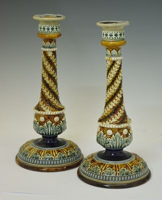 Lot 401 - Pair of Doulton Lambeth candlesticks