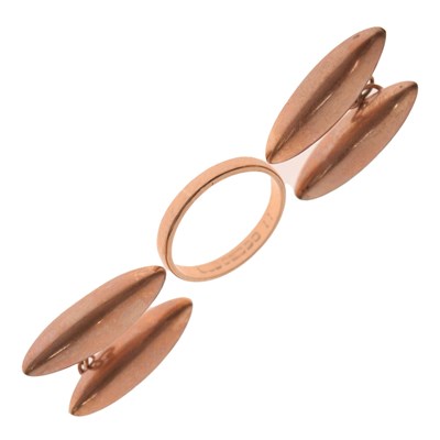 Lot 143 - Pair of 9ct rose gold cufflinks and 9ct rose gold wedding band