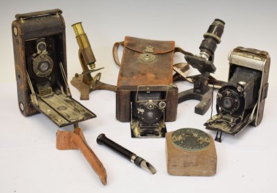 Lot 346 - Assorted collectables - Three microscopes, cameras, Manchester stamp