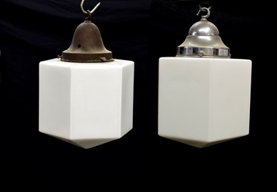 Lot 311 - Pair of opaline white glass hexagonal ceiling pendant lights