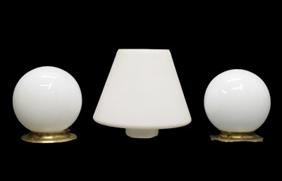 Lot 312 - Pair of spherical opaline white glass ceiling light shades plus another conical (3)