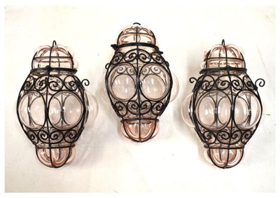 Lot 705 - Three Venetian glass and metalwork light shades