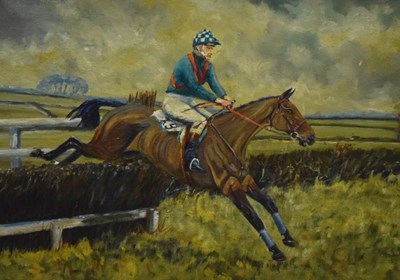 Lot 678 - T. Crew (British, 20th Century), Oil on canvas, Steeplechaser