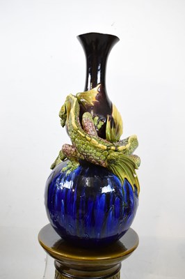 Lot 405 - Pair of Burmantofts dragon double gourd vases on pedestal bases