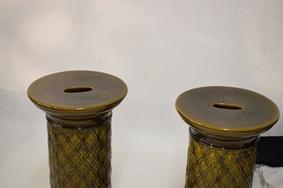Lot 405 - Pair of Burmantofts dragon double gourd vases on pedestal bases