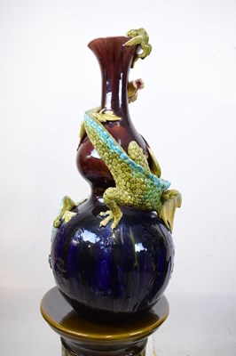 Lot 405 - Pair of Burmantofts dragon double gourd vases on pedestal bases