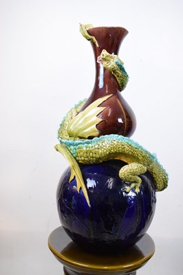 Lot 405 - Pair of Burmantofts dragon double gourd vases on pedestal bases