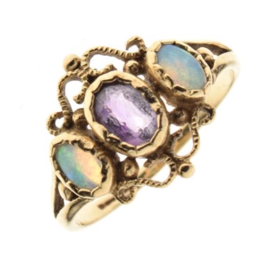 Lot 45 - Three stone opal and amethyst 9ct gold ring