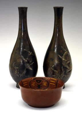Lot 245 - Pair of Japanese bronze vases and lacquer bowl