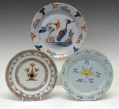 Lot 394 - English 18th Century Delftware 'Heron' plate and two others
