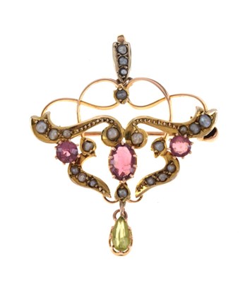 Lot 40 - Edwardian garnet, peridot and seed pearl set pendant brooch