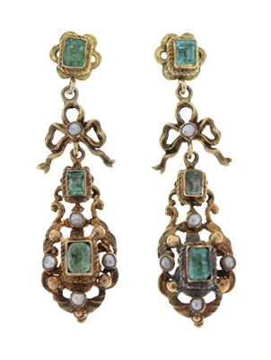 Lot 118 - Pair of Austro-Hungarian emerald and pearl (untested and unwarranted) drop earrings