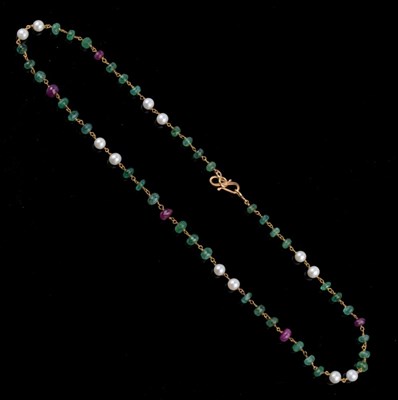 Lot 55 - Necklace of emerald, ruby and cultured pearls