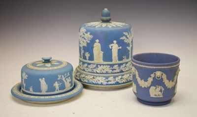 Lot 545 - Blue jasperware cheese dome and cover