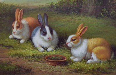 Lot 503 - 20th Century English School - Oil on canvas - Three rabbits