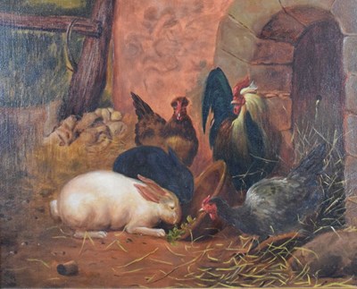 Lot 507 - E. Britton - Oil on canvas - Rabbits with poultry