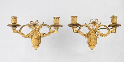Lot 561 - Pair of ormolu twin branch wall sconces