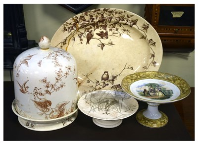 Lot 597 - Transfer-printed cheese dome and cover, printed comports etc