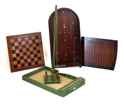 Lot 713 - Vintage table skittles set, together with a modern shove-ha'penny board, bagatelle board
