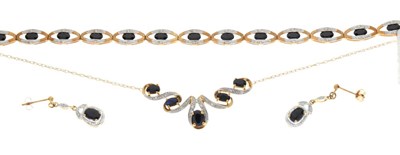 Lot 64 - 9ct gold suite of sapphire and diamond set jewellery