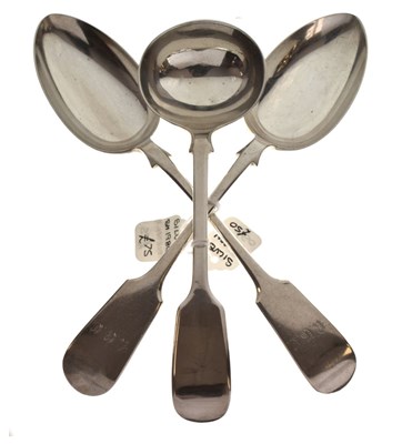 Lot 213 - Pair of Victorian tablespoons, and an Edward VII silver sauce ladle