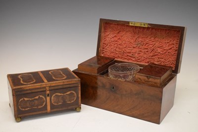 Lot 722 - George III mahogany rectangular two-division tea caddy, etc