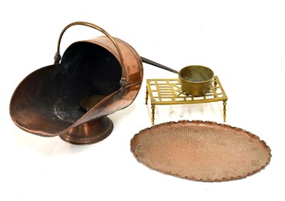 Lot 651 - Oval copper tray, copper coal scuttle, etc