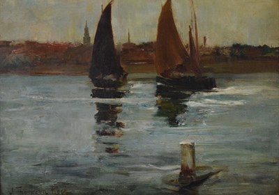 Lot 406 - Joseph Thorburn Ross A.R.S.A. (1849-1903) - Oil on board - Harbour Scene