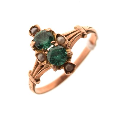 Lot 12 - Unmarked yellow metal dress ring set synthetic emeralds and seed pearls