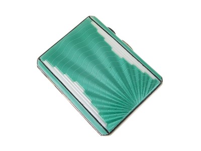 Lot 80 - George VI silver cigarette case having guilloché enamelled panel with Art Deco decoration