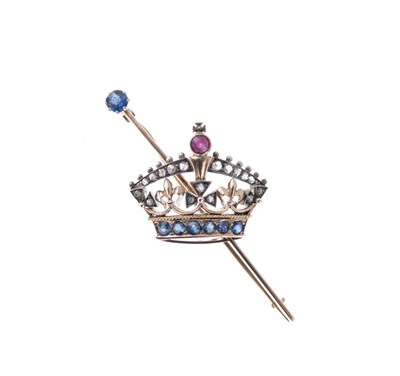 Lot 33 - Diamond, ruby and sapphire set coronet bar brooch