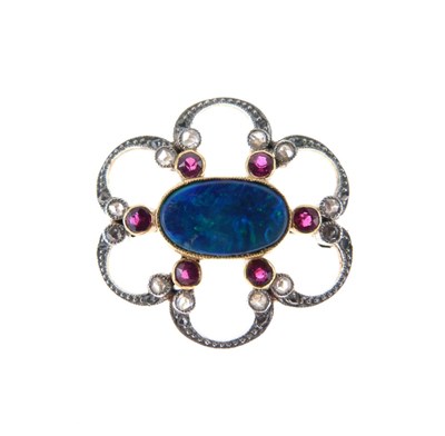 Lot 34 - Diamond, ruby and opal doublet brooch