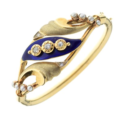 Lot 44 - Diamond, split pearl and enamel hinged bangle